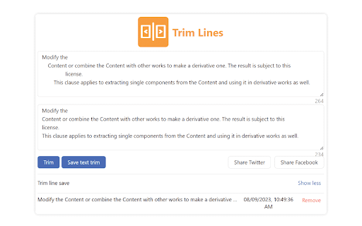 Trim Lines text  from Chrome web store to be run with OffiDocs Chromium online