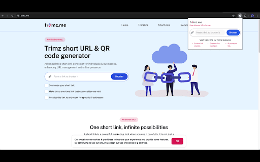 Trimz.me: Advance Url shortner  from Chrome web store to be run with OffiDocs Chromium online
