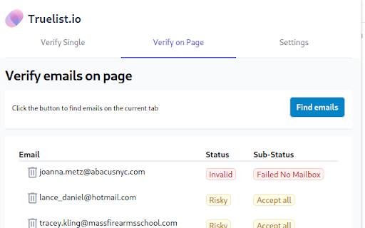 Truelist.io Email Validation  from Chrome web store to be run with OffiDocs Chromium online