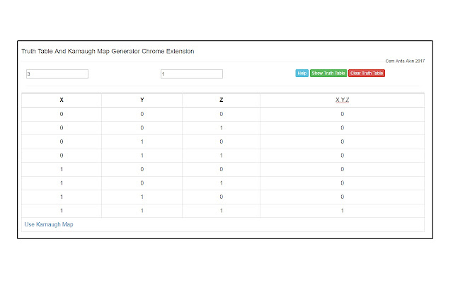 Chrome web mağazasından Doğruluk Tablosu ve Karnaugh Harita Oluşturucu, OffiDocs Chromium çevrimiçi ile çalıştırılacak