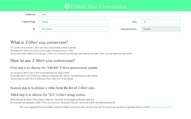 Conversion ng Laki ng T Shirt mula sa Chrome web store na tatakbo sa OffiDocs Chromium online