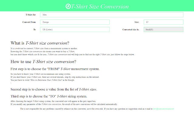T Shirt Size Conversion  from Chrome web store to be run with OffiDocs Chromium online