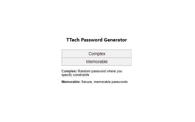 TTech Random Password Generator  from Chrome web store to be run with OffiDocs Chromium online