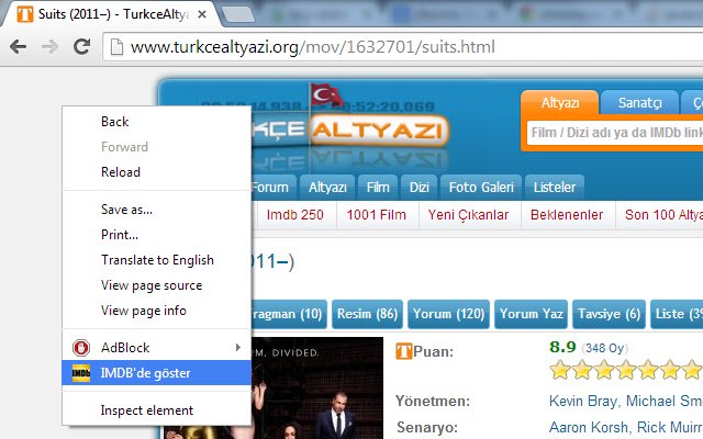 TurkceAltyazi.Org Sağ Tık IMDBde Göster de la boutique en ligne Chrome sera exécuté avec OffiDocs Chromium en ligne