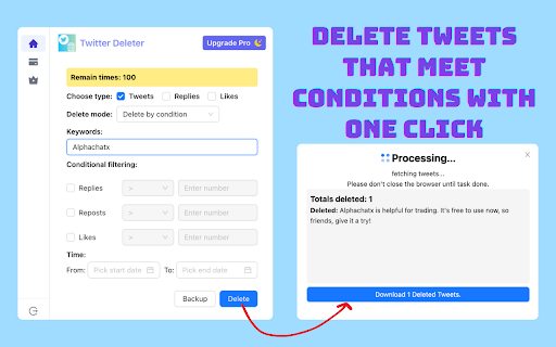 Tweet Delete Bulk Delete Tweets from Chrome web store to be run with OffiDocs Chromium online Tweet Delete Bulk Delete Tweets from Chrome web store to be run with OffiDocs Chromium online