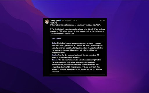 Tweet Fact Checker  from Chrome web store to be run with OffiDocs Chromium online