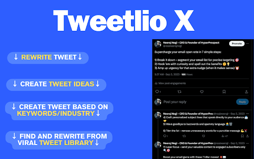 Tweetlio X: Twitter Companion from Chrome web store to be run with OffiDocs Chromium online Tweetlio X: Twitter Companion from Chrome web store to be run with OffiDocs Chromium online