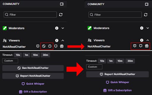 Twitch Addon: Remove chat log ban buttons  from Chrome web store to be run with OffiDocs Chromium online