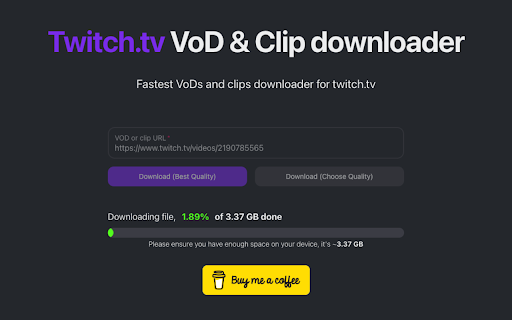 Twitch VOD downloader  from Chrome web store to be run with OffiDocs Chromium online