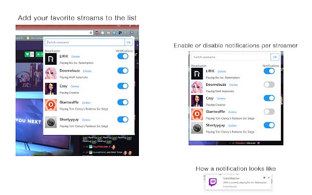 TwitchWatcher ze sklepu internetowego Chrome do uruchomienia z OffiDocs Chromium online