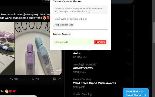 Twitter Content Blocker  from Chrome web store to be run with OffiDocs Chromium online