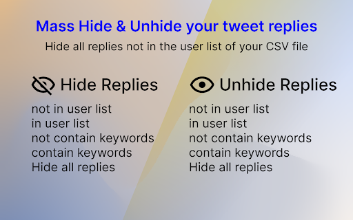TwReplyHider X/Twitter Bulk Hide Replies  from Chrome web store to be run with OffiDocs Chromium online