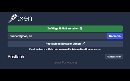 txen.de Schnelle Trashmail erstellen  from Chrome web store to be run with OffiDocs Chromium online
