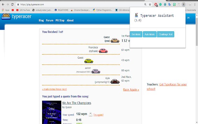 Typeracer Assistant  from Chrome web store to be run with OffiDocs Chromium online