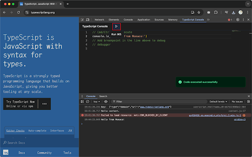 Chrome 网上商店的 TypeScript 控制台将与 OffiDocs Chromium 在线运行