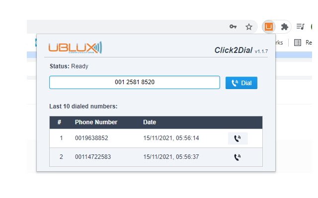 Ublux Click2Dial  from Chrome web store to be run with OffiDocs Chromium online