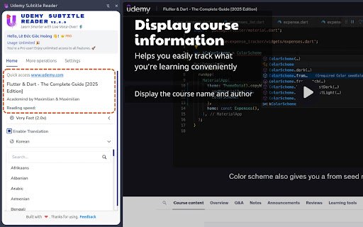 Udemy Subtitle Reader  from Chrome web store to be run with OffiDocs Chromium online