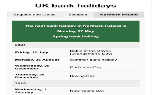 UK bank holidays from Chrome web store to be run with OffiDocs Chromium online UK bank holidays from Chrome web store to be run with OffiDocs Chromium online