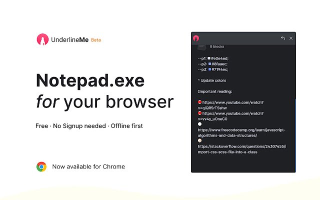 UnderlineMe Notepad  from Chrome web store to be run with OffiDocs Chromium online