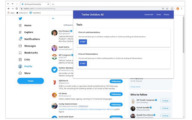 إلغاء متابعة جميع متابعي Twitter من متجر Chrome الإلكتروني ليتم تشغيله باستخدام OffiDocs Chromium عبر الإنترنت