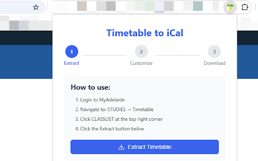 UniAdelaide Timetable to iCal  from Chrome web store to be run with OffiDocs Chromium online