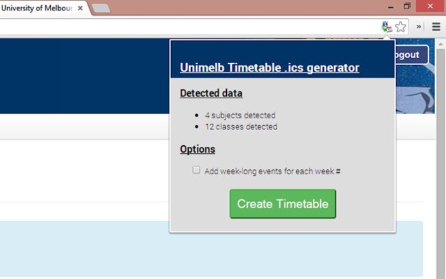 Unimelb Timetable to iCal  from Chrome web store to be run with OffiDocs Chromium online