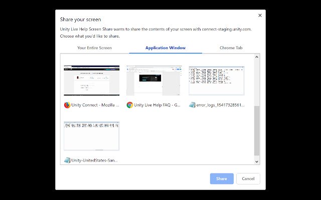 OffiDocs Chromium ഓൺലൈനിൽ പ്രവർത്തിപ്പിക്കാൻ Chrome വെബ് സ്റ്റോറിൽ നിന്നുള്ള Unity Live Help Screen Share