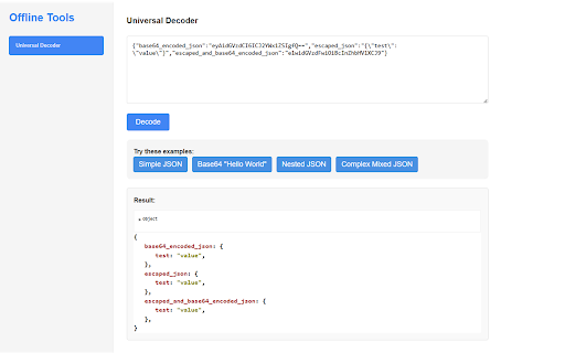 Universal Decoder Extension  from Chrome web store to be run with OffiDocs Chromium online