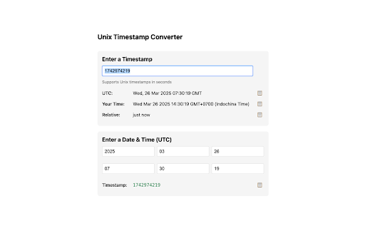 Unix Timestamp Converter  from Chrome web store to be run with OffiDocs Chromium online