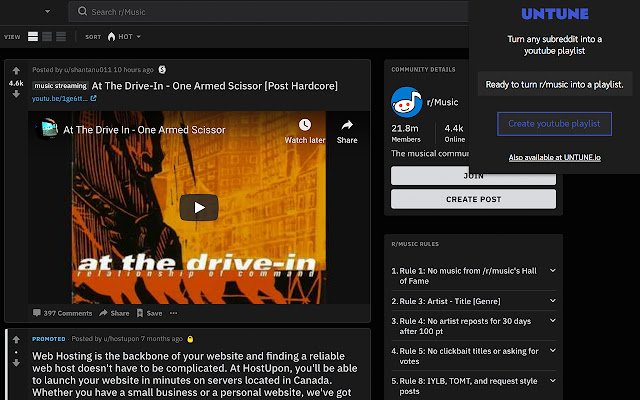 Untune Reddit music to youtube playlist  from Chrome web store to be run with OffiDocs Chromium online