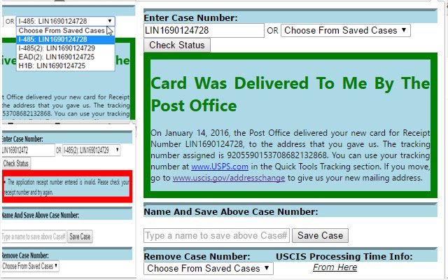 USCIS Case Status Checker ຈາກ Chrome web store ທີ່ຈະດໍາເນີນການກັບ OffiDocs Chromium ອອນໄລນ໌