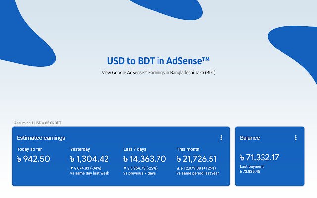 USD เป็น BDT ใน AdSense™ จาก Chrome เว็บสโตร์ที่จะเรียกใช้ด้วย OffiDocs Chromium ออนไลน์
