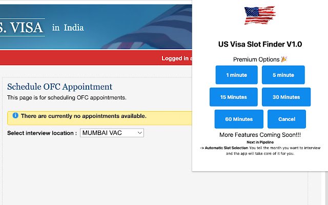 US Visa Slot Finder  from Chrome web store to be run with OffiDocs Chromium online