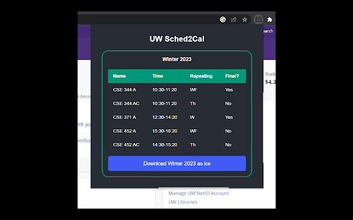UW Sched2Cal  from Chrome web store to be run with OffiDocs Chromium online