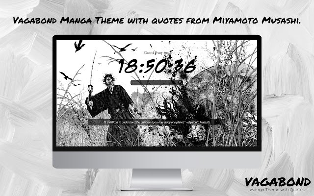 Vagabond: Tema de mangá com citações de Musashi. da Chrome Web Store para ser executado com o OffiDocs Chromium online