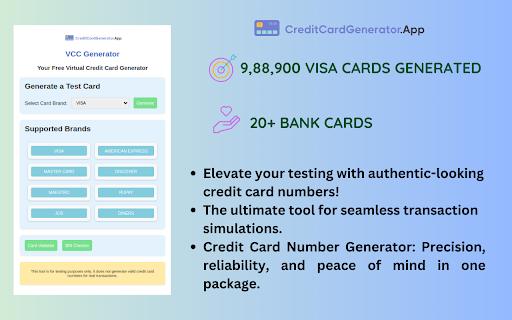 VCC Generator Virtual Credit Card Generator  from Chrome web store to be run with OffiDocs Chromium online