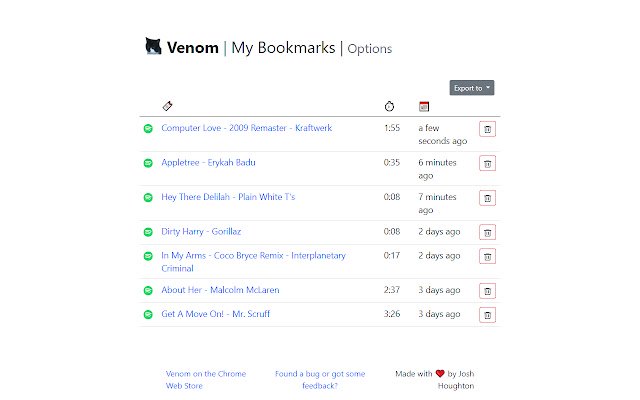 Venom: Instant Music Bookmarker da Chrome Web Store para ser executado com o OffiDocs Chromium online