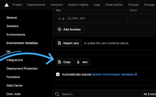 Vercel Env Variables  from Chrome web store to be run with OffiDocs Chromium online