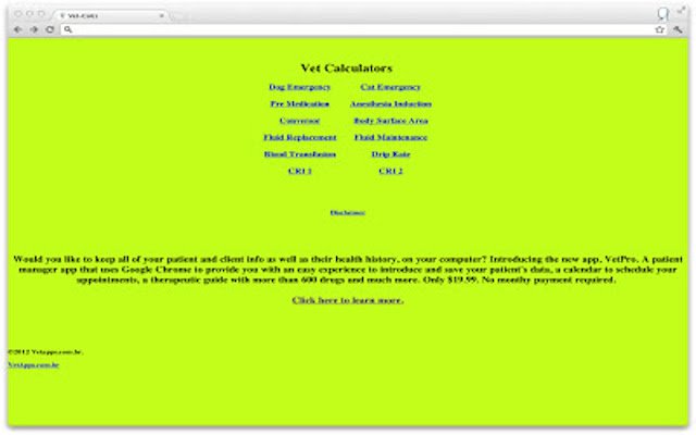 Vet Calculators  from Chrome web store to be run with OffiDocs Chromium online