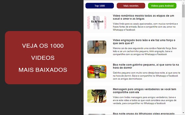 Videos Virais para Facebook  from Chrome web store to be run with OffiDocs Chromium online
