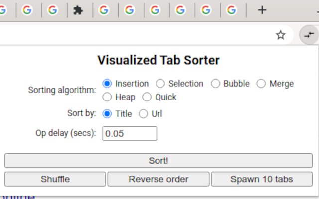 Visualisierter Tab-Sortierer aus dem Chrome-Webshop, der mit OffiDocs Chromium online ausgeführt werden soll