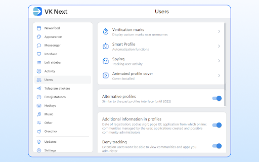 vkNext dal Chrome Web Store da eseguire con OffiDocs Chromium online