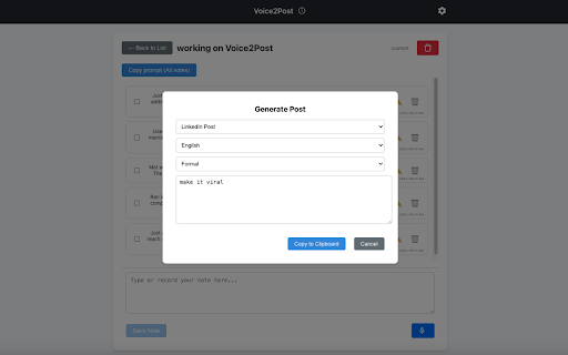 Voice2Post  from Chrome web store to be run with OffiDocs Chromium online
