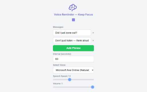 Voice Reminder — Keep Focus from Chrome web store to be run with OffiDocs Chromium online Voice Reminder — Keep Focus from Chrome web store to be run with OffiDocs Chromium online