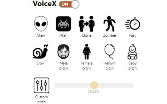 ക്രോം വെബ് സ്റ്റോറിൽ നിന്നുള്ള VoiceX Voice Changer, OffiDocs Chromium ഓൺലൈനിൽ പ്രവർത്തിക്കും