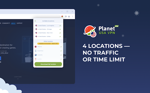 VPN USA Planet VPN lite Proxy  from Chrome web store to be run with OffiDocs Chromium online