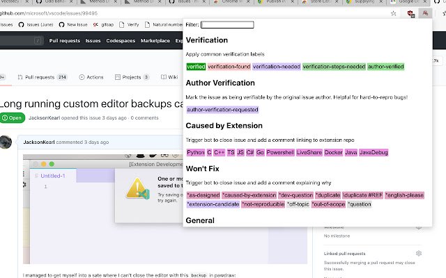 VS Code Triage  from Chrome web store to be run with OffiDocs Chromium online