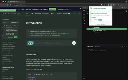 Vue Devtools Unlocker  from Chrome web store to be run with OffiDocs Chromium online