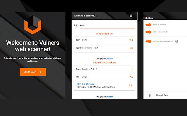 Vulners Web Scanner จาก Chrome เว็บสโตร์ที่จะทำงานร่วมกับ OffiDocs Chromium ทางออนไลน์