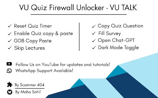 VU Quiz Firewall Unlocker VU TALK  from Chrome web store to be run with OffiDocs Chromium online